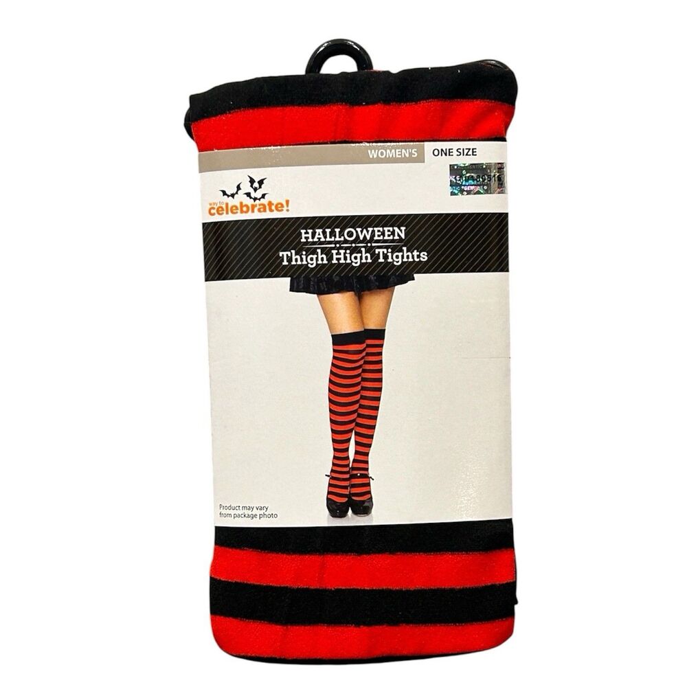 Way To Celebrate Halloween Thigh High Tights Black Red Stripes Womens One Size